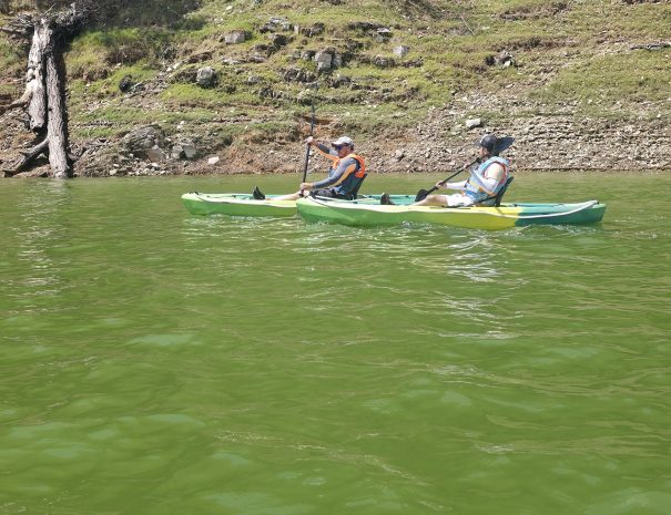 Dos kayaks recorren en grupo las aguas verdes de la presa